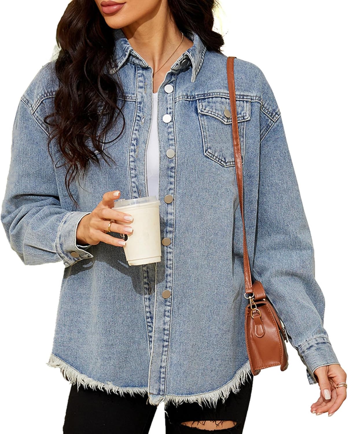 Saukiee Oversized Denim Jacket Distressed Boyfriend Jean Coat Jeans Trucker Jacket for Women Girls - Image 8