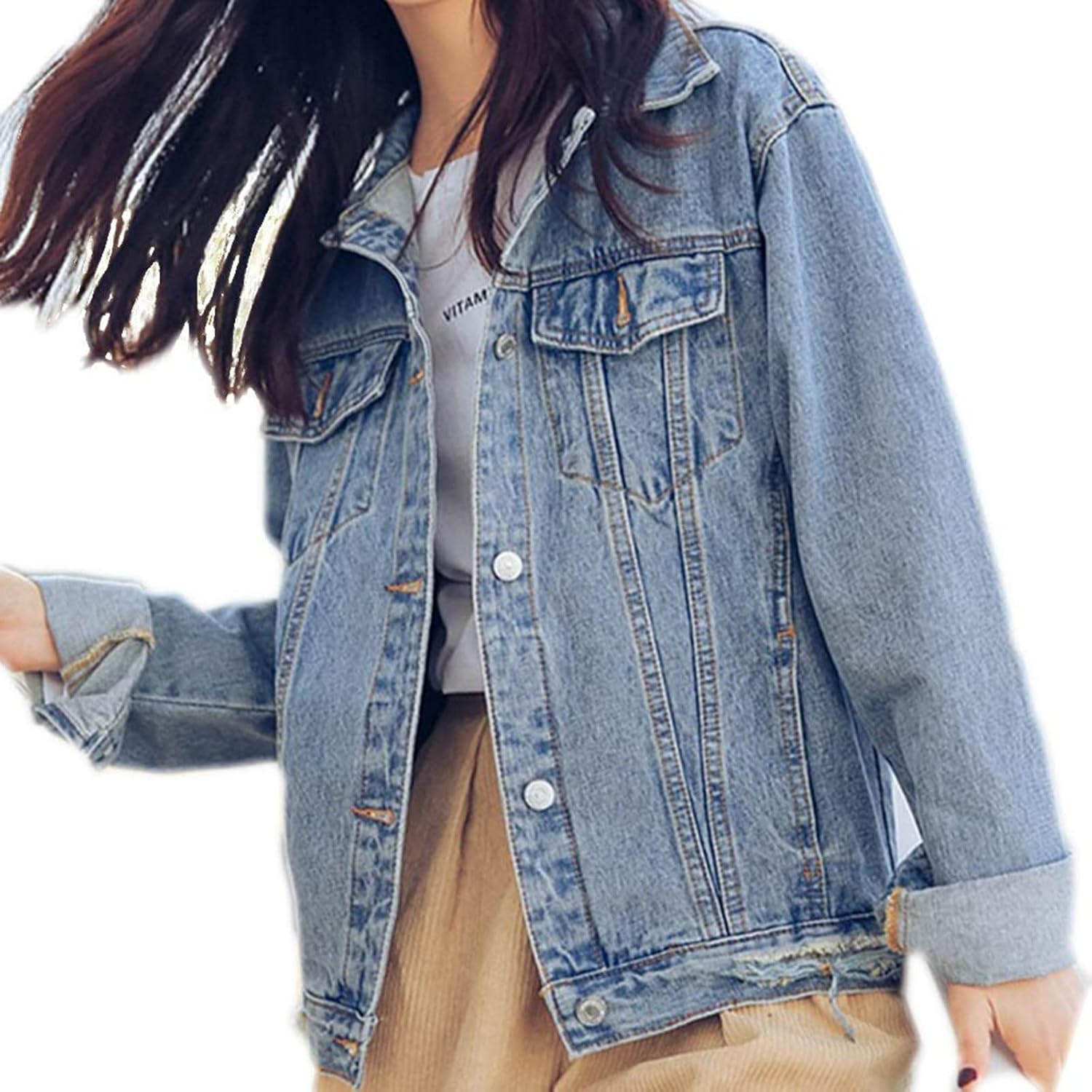 Saukiee Oversized Denim Jacket Distressed Boyfriend Jean Coat Jeans Trucker Jacket for Women Girls - Image 2