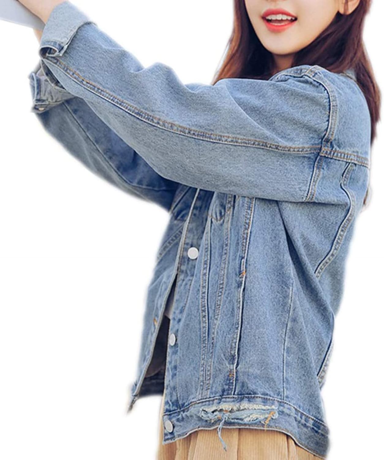 Saukiee Oversized Denim Jacket Distressed Boyfriend Jean Coat Jeans Trucker Jacket for Women Girls - Image 3