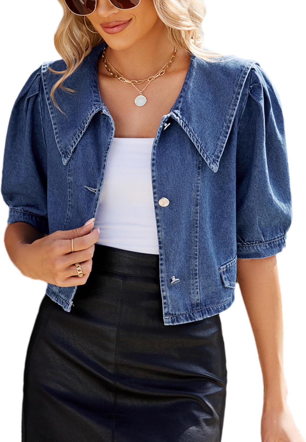 Sdipipo Womens Casual Jacket Cute Short Puff Sleeves Button Down Cropped Jean Denim Jacket Trucker Coat Shirt Top