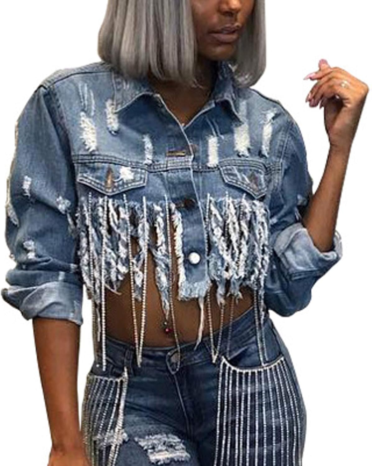 SeNight Women's Jean Jacket Long Sleeve Classic Distressed Fray Hem Tassels Denim Trucker Jackets - Image 11