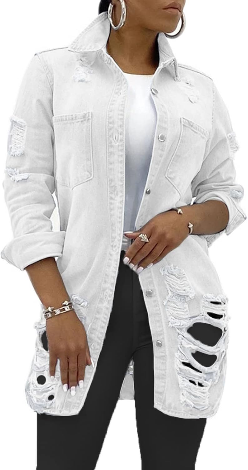 SeNight Women's Jean Jacket Long Sleeve Classic Distressed Fray Hem Tassels Denim Trucker Jackets - Image 18