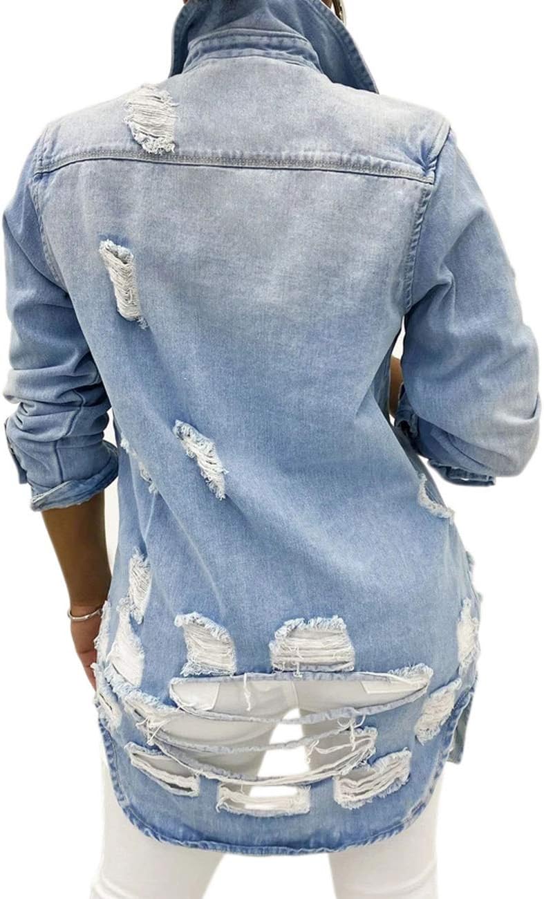 SeNight Women's Jean Jacket Long Sleeve Classic Distressed Fray Hem Tassels Denim Trucker Jackets - Image 2