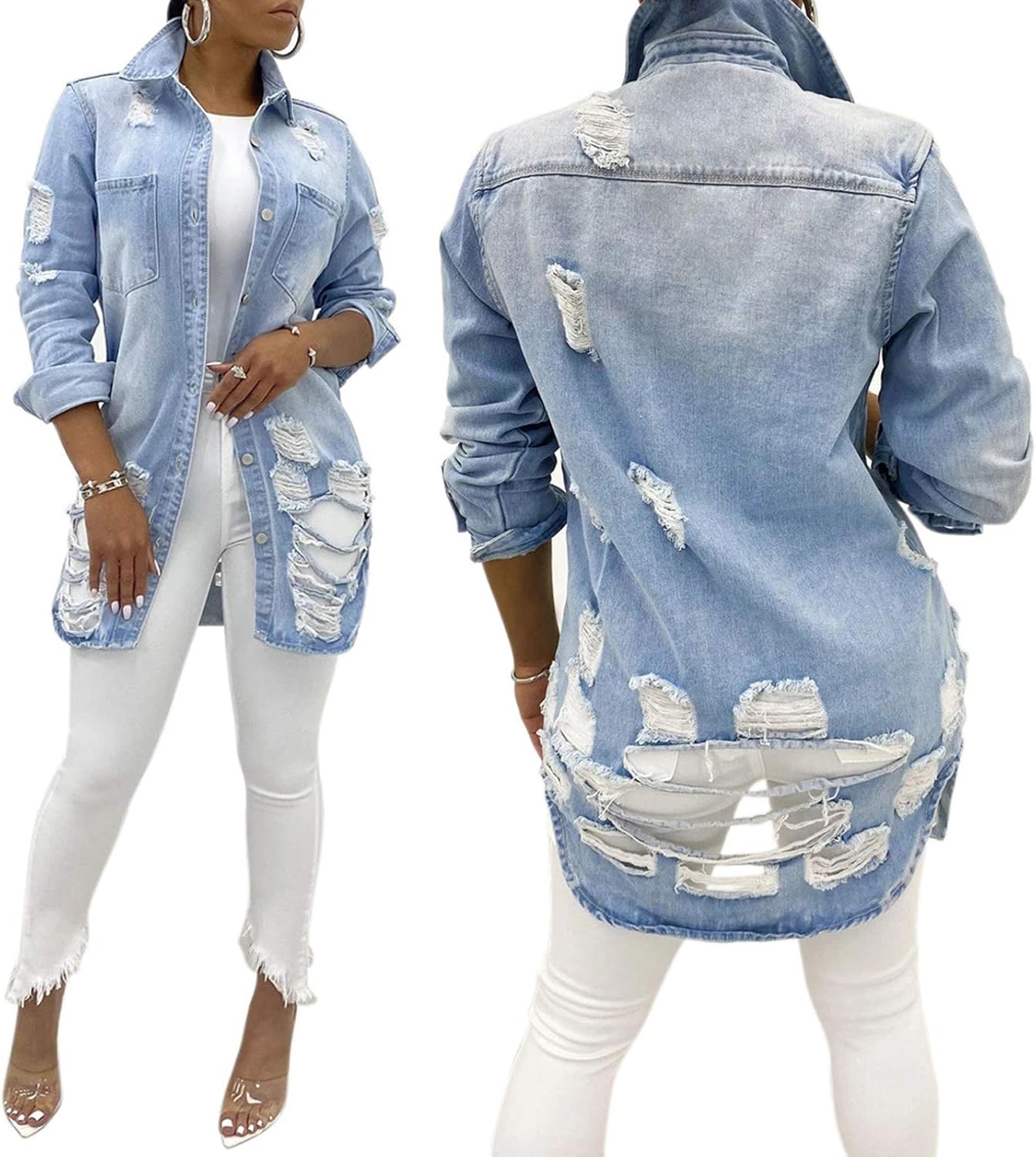 SeNight Women's Jean Jacket Long Sleeve Classic Distressed Fray Hem Tassels Denim Trucker Jackets - Image 6