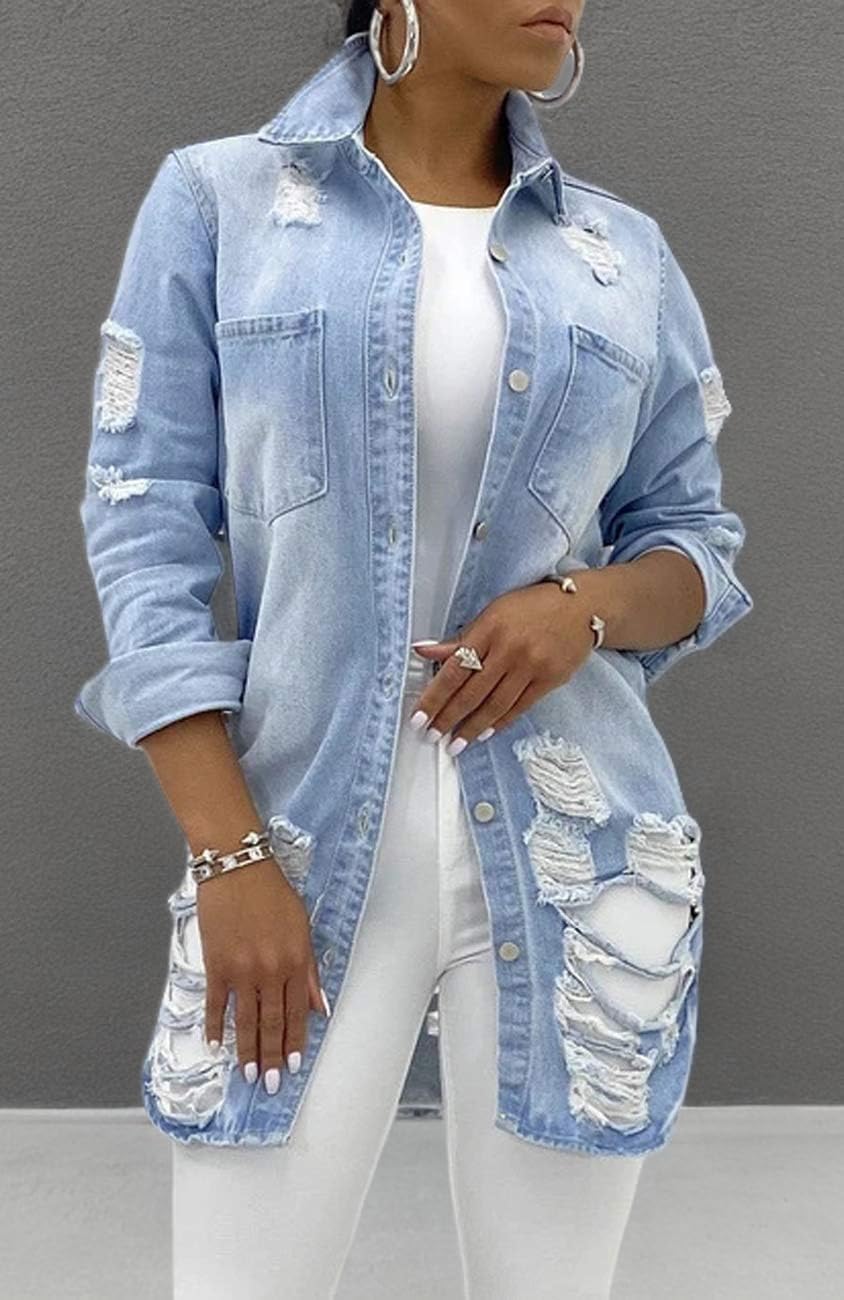SeNight Women's Jean Jacket Long Sleeve Classic Distressed Fray Hem Tassels Denim Trucker Jackets - Image 7