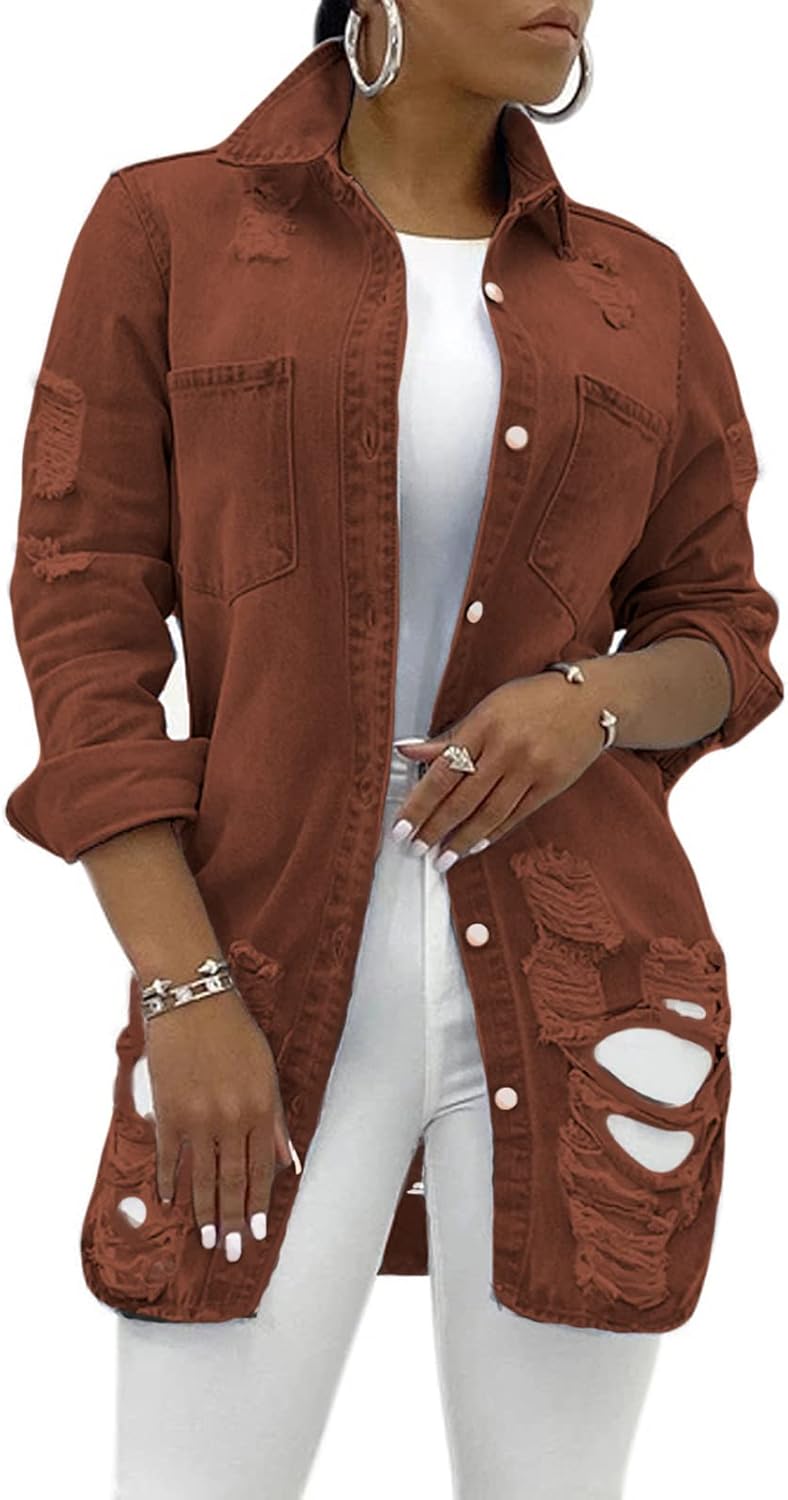 SeNight Women's Jean Jacket Long Sleeve Classic Distressed Fray Hem Tassels Denim Trucker Jackets - Image 14