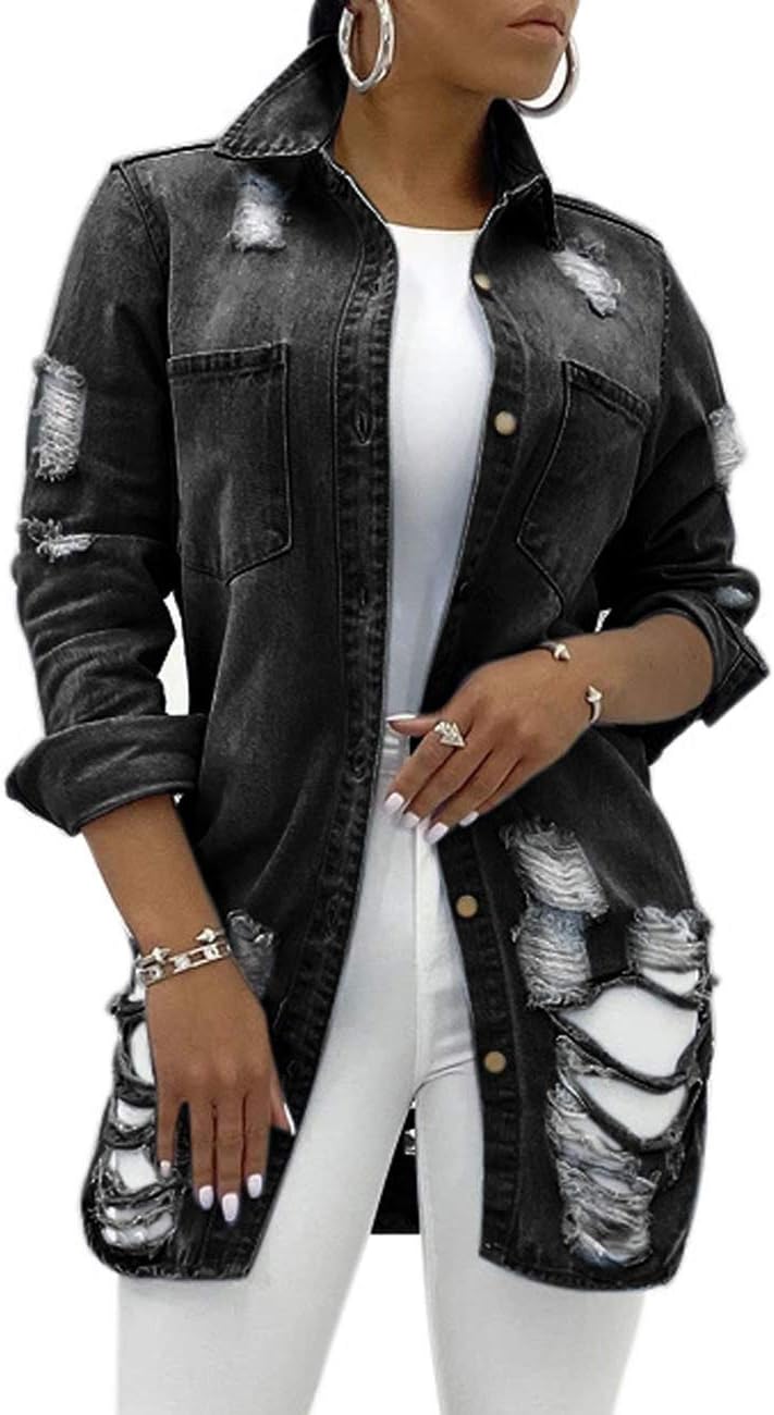 SeNight Women's Jean Jacket Long Sleeve Classic Distressed Fray Hem Tassels Denim Trucker Jackets - Image 8
