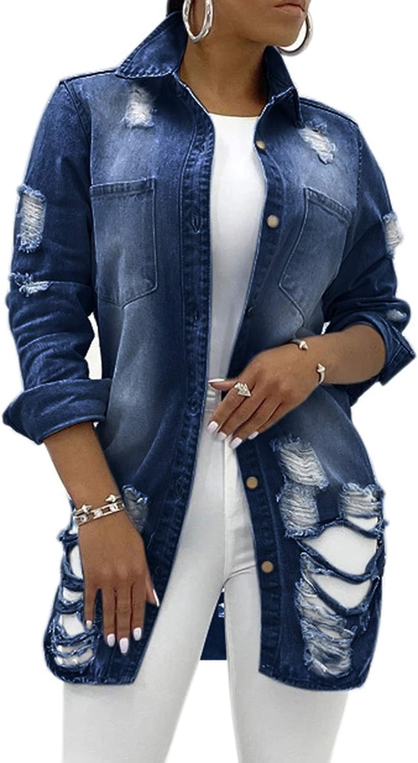 SeNight Women's Jean Jacket Long Sleeve Classic Distressed Fray Hem Tassels Denim Trucker Jackets - Image 9