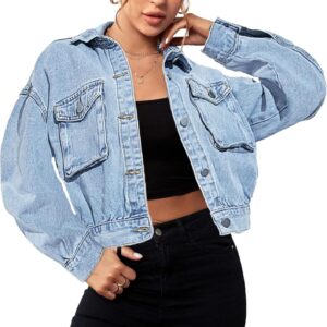 Shebote Women's Casual Cropped Denim Jacket Western Basic Lapel Button Up Long Sleeve Trucker Jean Jacket Biker Coat Tops