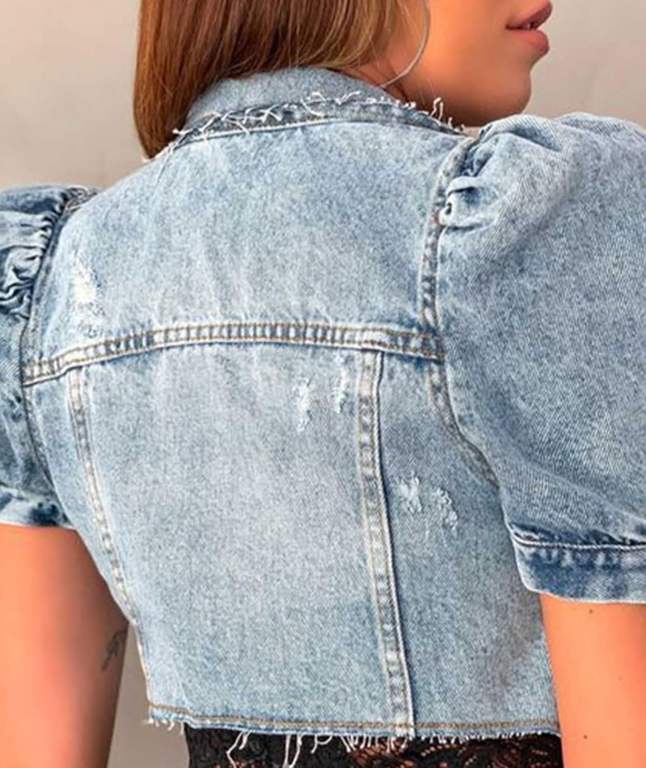 SOMTHRON Women's Cropped Jean Jacket Puff Short Sleeve Button Down Denim Coat Crop Top Outerwear - Image 2