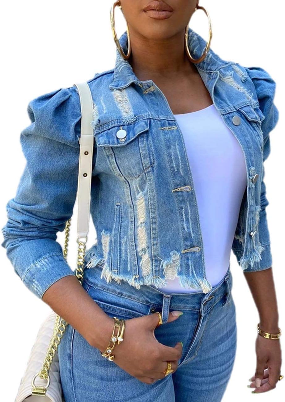 SOMTHRON Women's Cropped Jean Jacket Puff Short Sleeve Button Down Denim Coat Crop Top Outerwear - Image 10