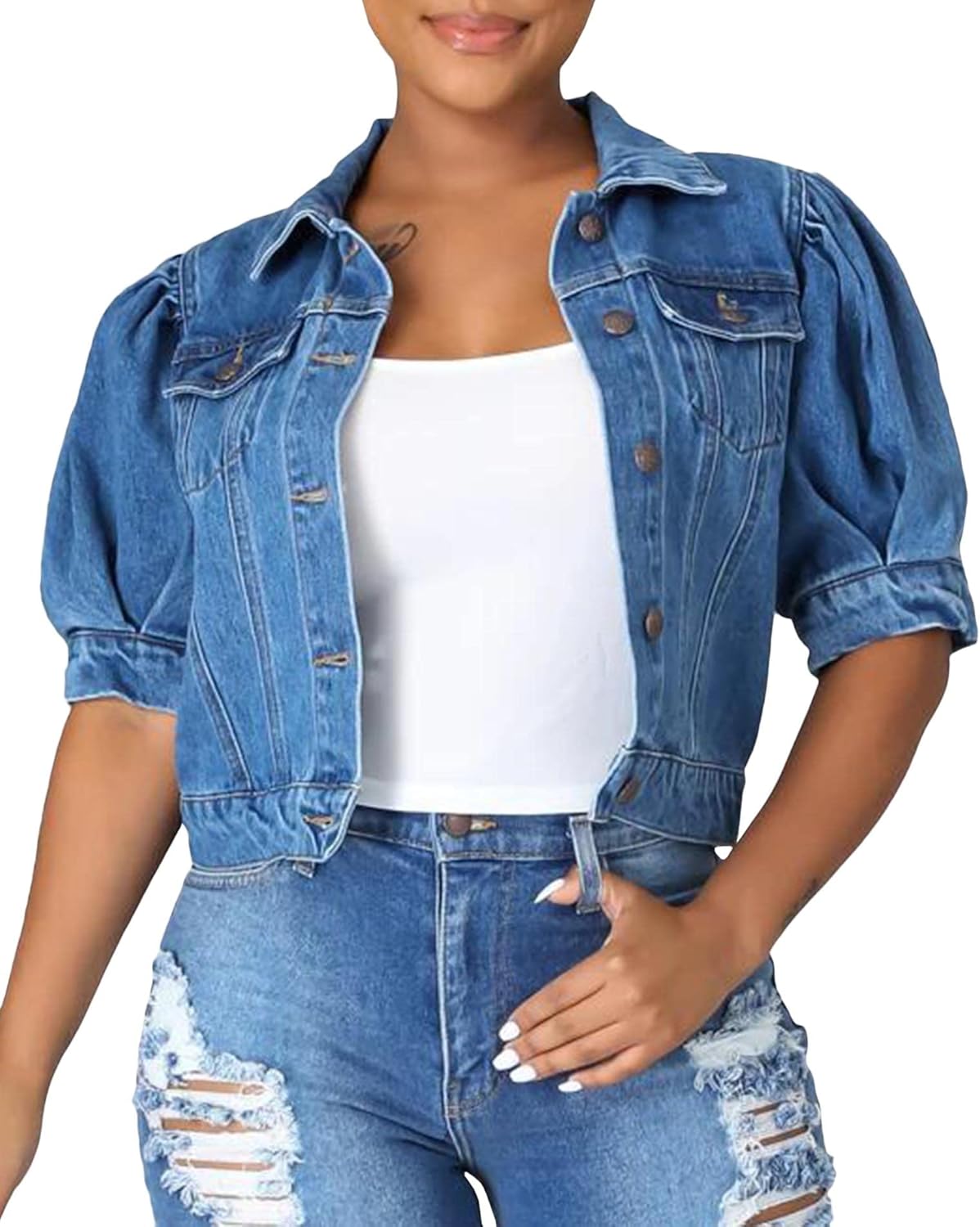 SOMTHRON Women's Cropped Jean Jacket Puff Short Sleeve Button Down Denim Coat Crop Top Outerwear - Image 11