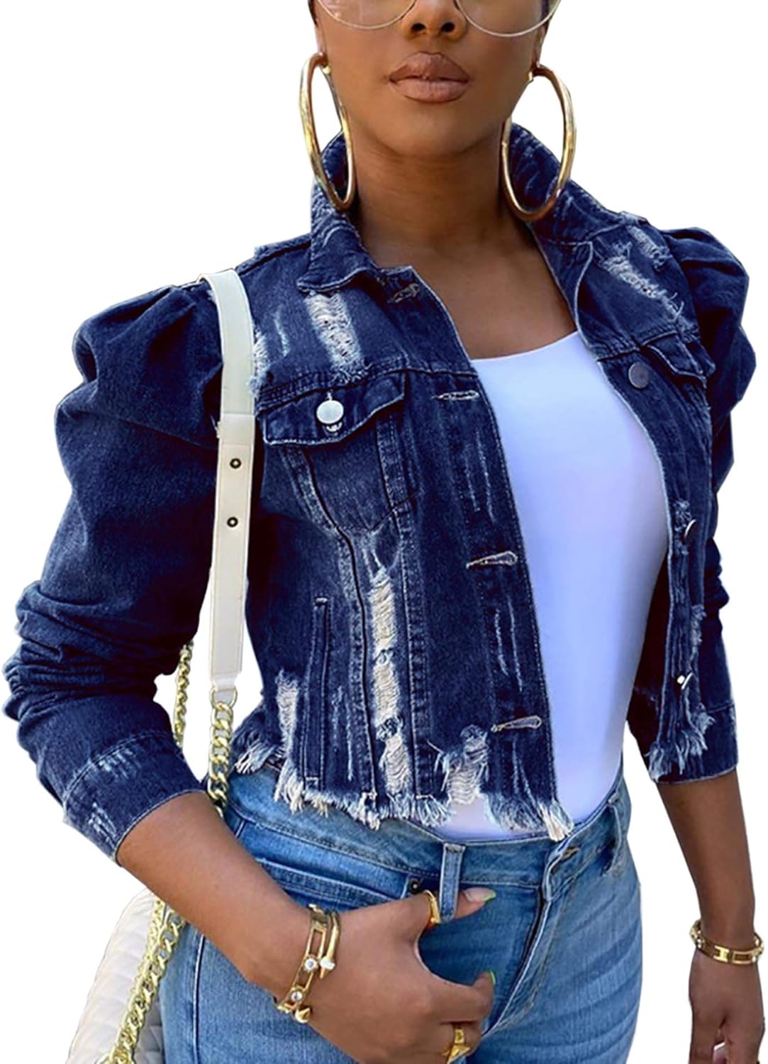 SOMTHRON Women's Cropped Jean Jacket Puff Short Sleeve Button Down Denim Coat Crop Top Outerwear - Image 8
