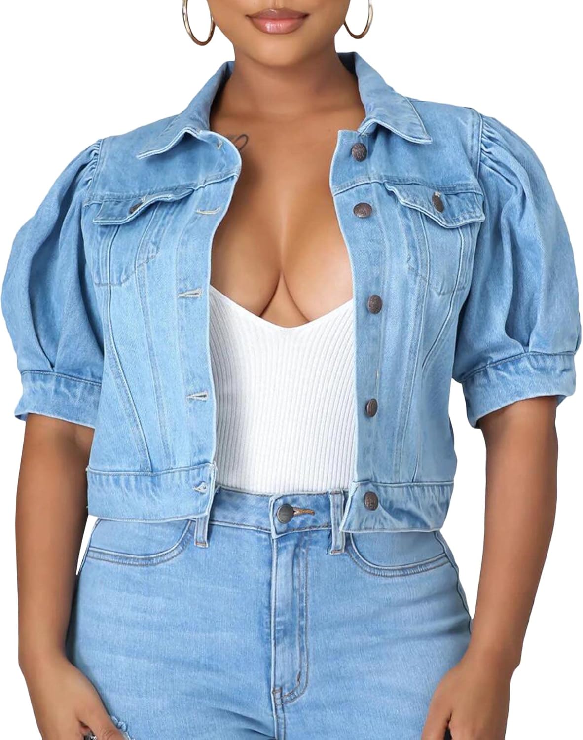 SOMTHRON Women's Cropped Jean Jacket Puff Short Sleeve Button Down Denim Coat Crop Top Outerwear - Image 7