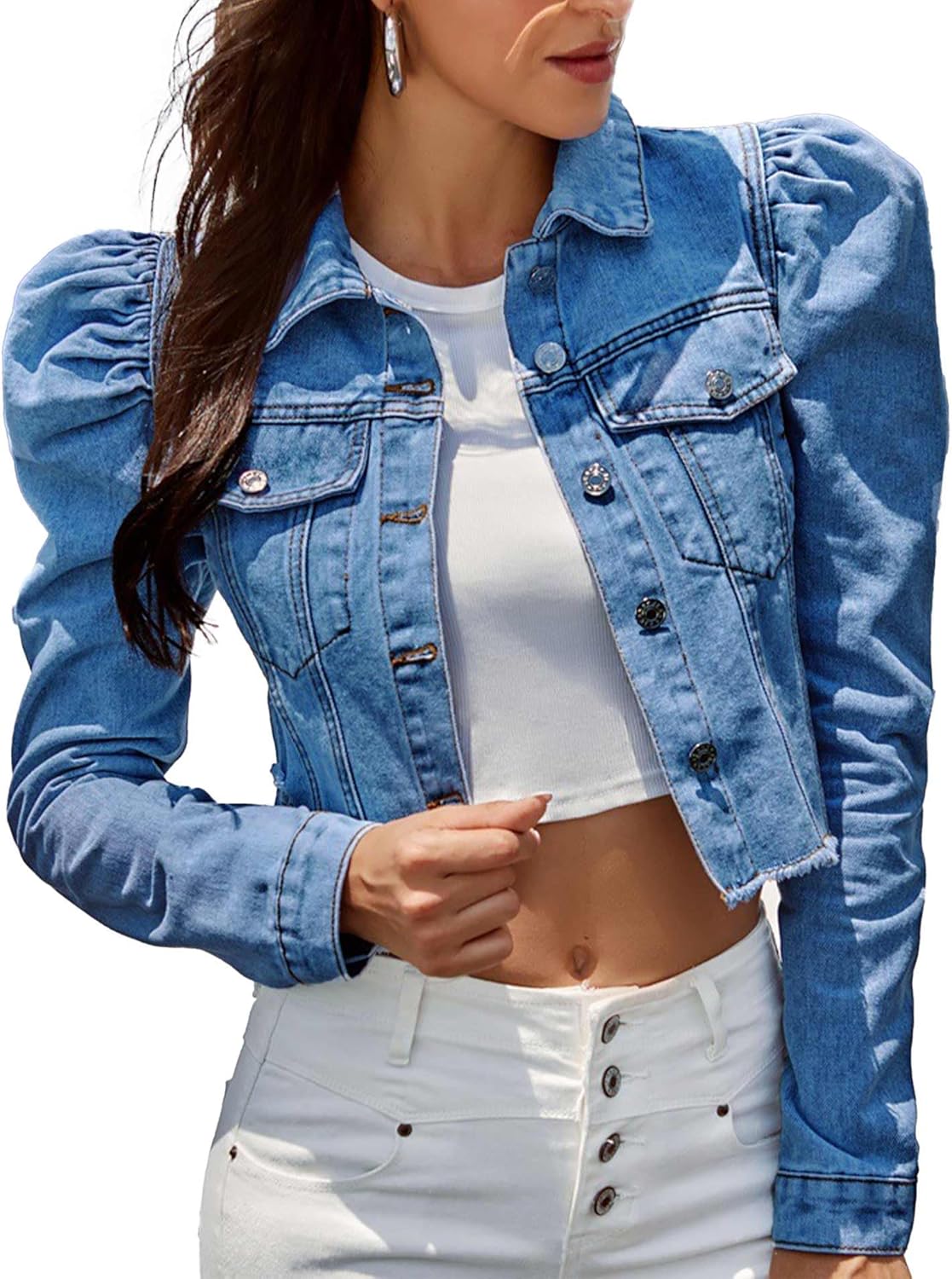 SOMTHRON Women's Cropped Jean Jacket Puff Short Sleeve Button Down Denim Coat Crop Top Outerwear - Image 12