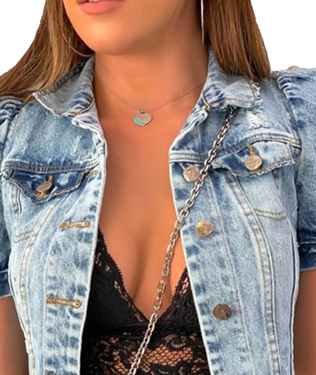 SOMTHRON Women's Cropped Jean Jacket Puff Short Sleeve Button Down Denim Coat Crop Top Outerwear - Image 5