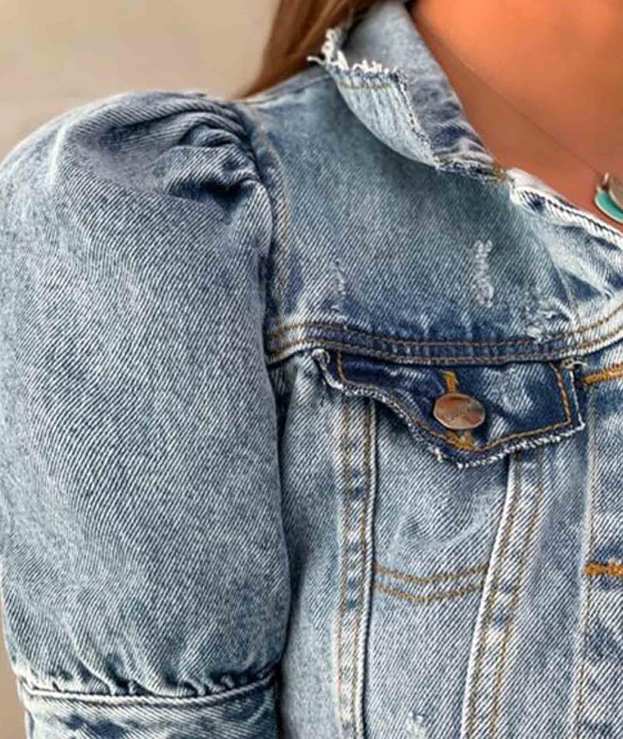 SOMTHRON Women's Cropped Jean Jacket Puff Short Sleeve Button Down Denim Coat Crop Top Outerwear - Image 3