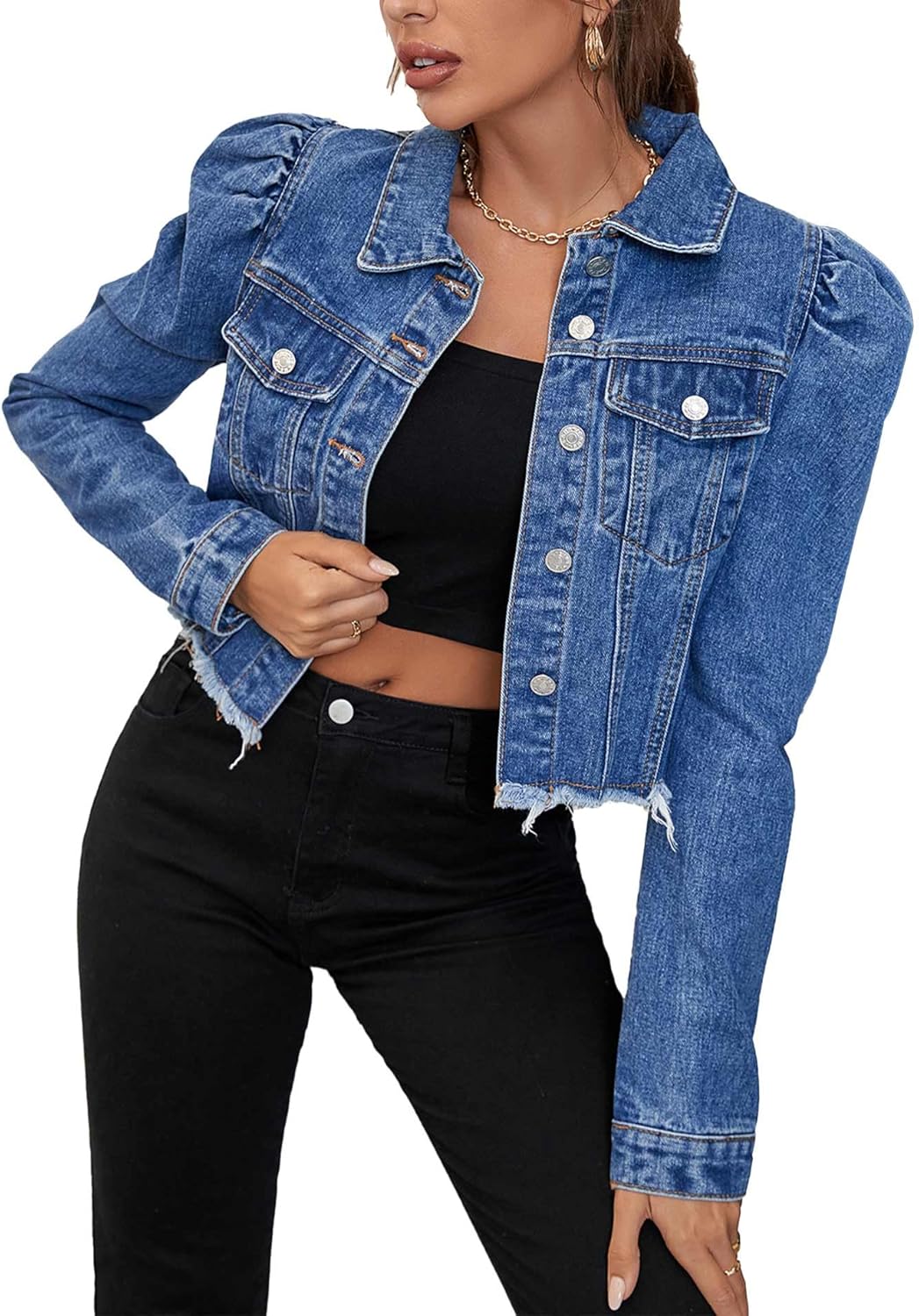 SOMTHRON Women's Cropped Jean Jacket Puff Short Sleeve Button Down Denim Coat Crop Top Outerwear - Image 9