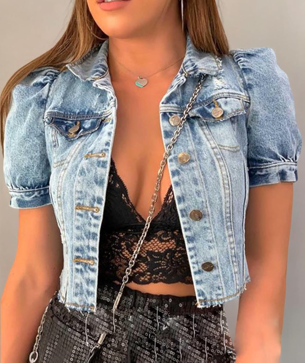 SOMTHRON Women's Cropped Jean Jacket Puff Short Sleeve Button Down Denim Coat Crop Top Outerwear - Image 6