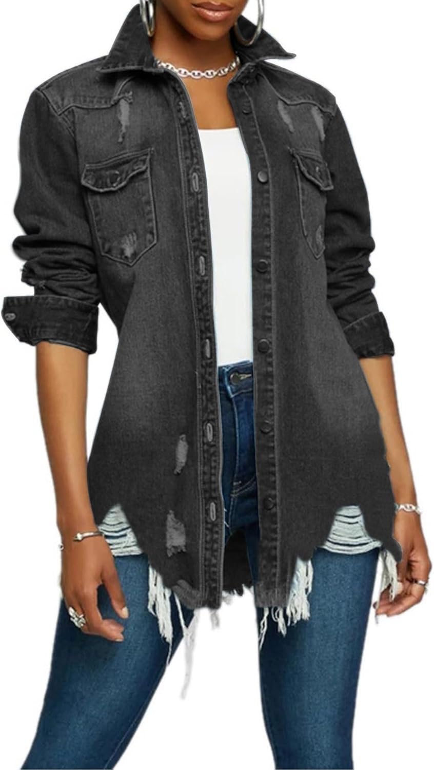 SOMTHRON Women's Distressed Denim Jeans Outfits Coat Spring Fall Ripped Jeans Outerwear Denim Jacket - Image 14