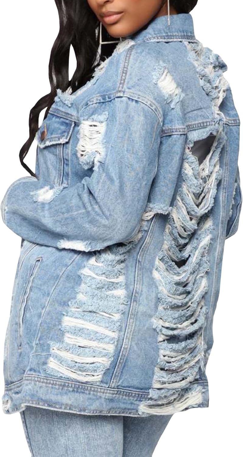 SOMTHRON Women's Distressed Denim Jeans Outfits Coat Spring Fall Ripped Jeans Outerwear Denim Jacket - Image 2