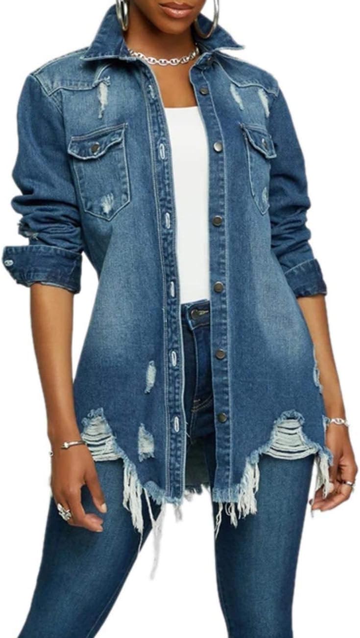 SOMTHRON Women's Distressed Denim Jeans Outfits Coat Spring Fall Ripped Jeans Outerwear Denim Jacket - Image 13