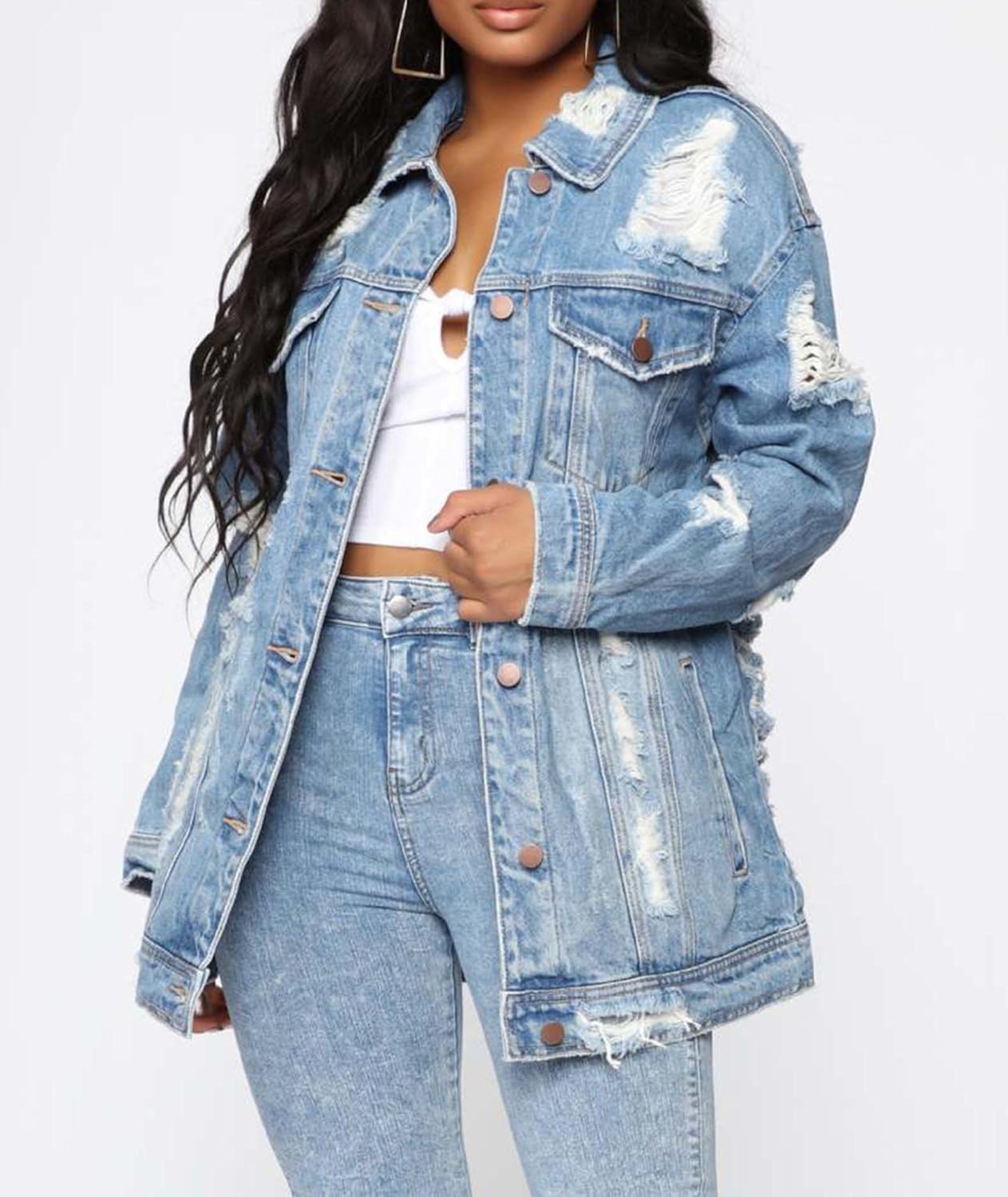 SOMTHRON Women's Distressed Denim Jeans Outfits Coat Spring Fall Ripped Jeans Outerwear Denim Jacket - Image 4