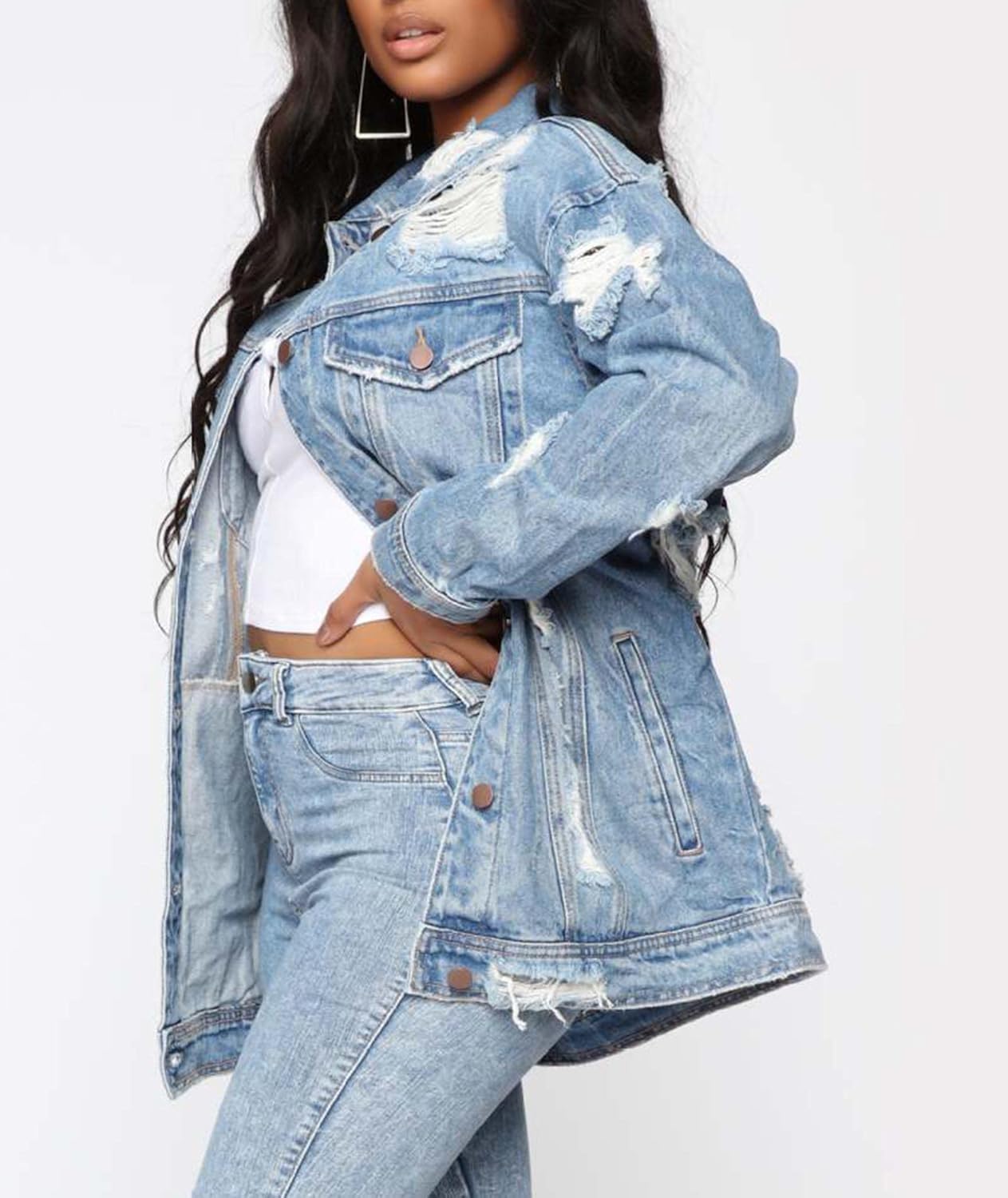 SOMTHRON Women's Distressed Denim Jeans Outfits Coat Spring Fall Ripped Jeans Outerwear Denim Jacket - Image 5