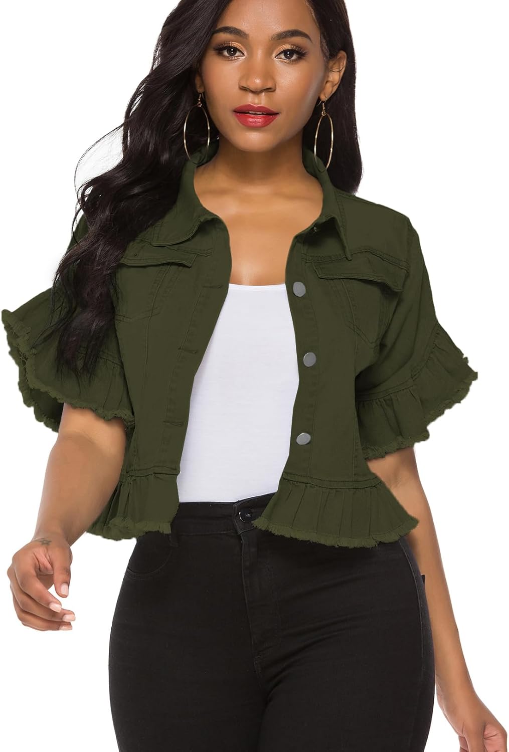 Suvimuga Women's Denim Jacket Button Down Distressed Ruffle Sleeve Crop Jean Jackets Coat - Image 9