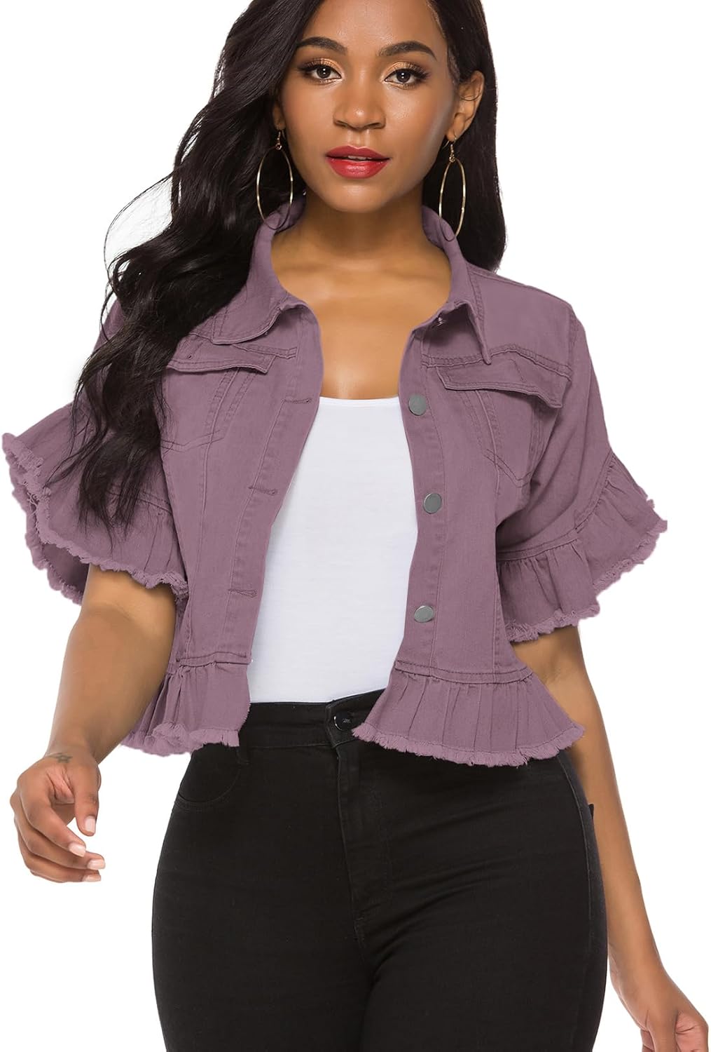 Suvimuga Women's Denim Jacket Button Down Distressed Ruffle Sleeve Crop Jean Jackets Coat - Image 8