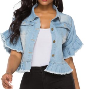 Suvimuga Women's Denim Jacket Button Down Distressed Ruffle Sleeve Crop Jean Jackets Coat