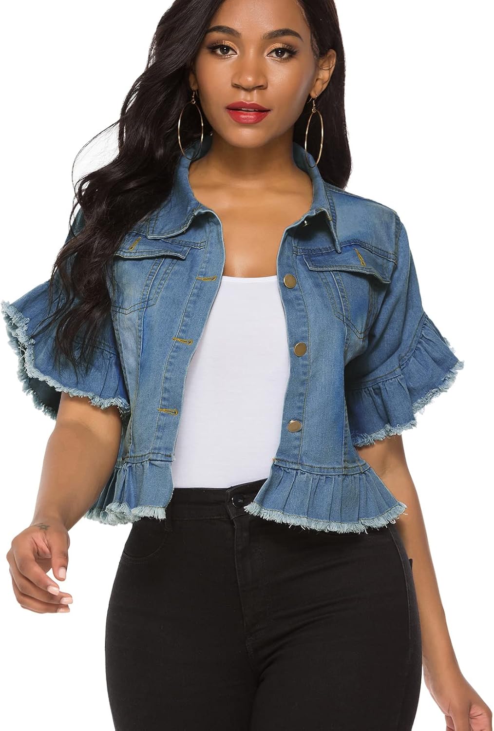 Suvimuga Women's Denim Jacket Button Down Distressed Ruffle Sleeve Crop Jean Jackets Coat - Image 12
