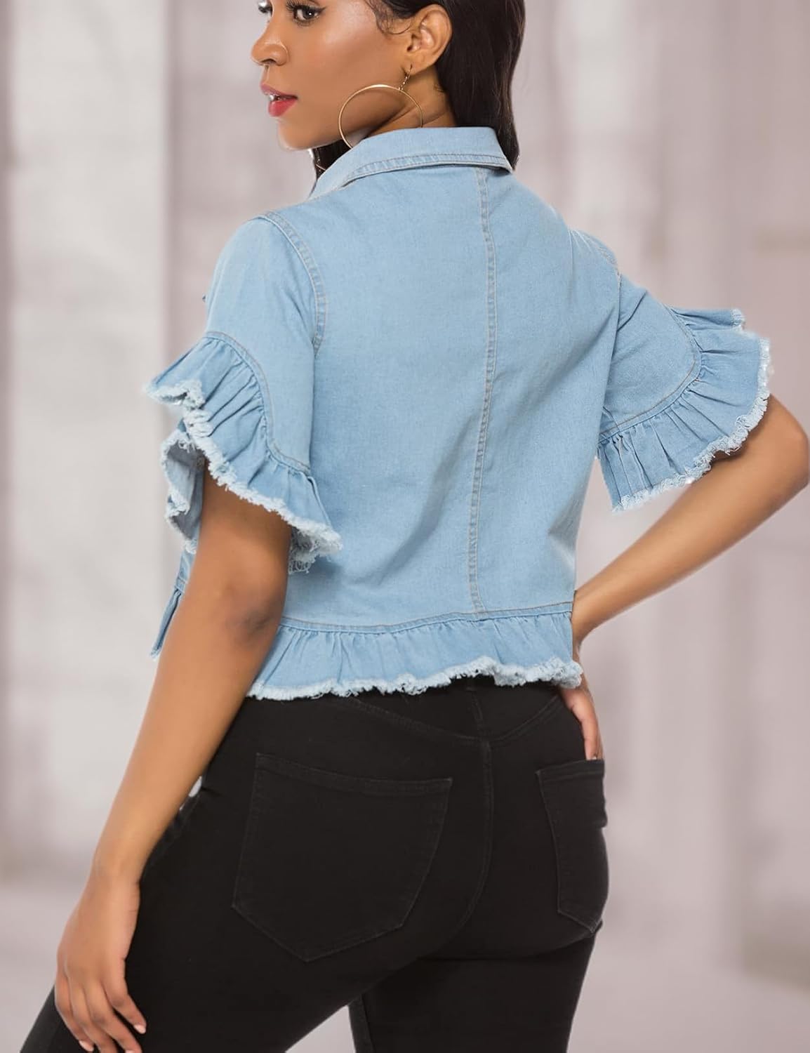 Suvimuga Women's Denim Jacket Button Down Distressed Ruffle Sleeve Crop Jean Jackets Coat - Image 6