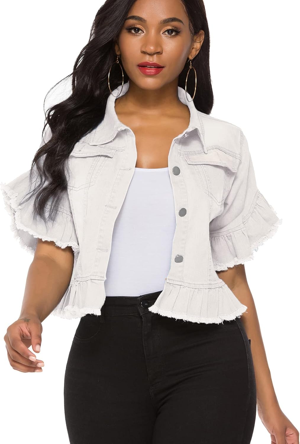 Suvimuga Women's Denim Jacket Button Down Distressed Ruffle Sleeve Crop Jean Jackets Coat - Image 10