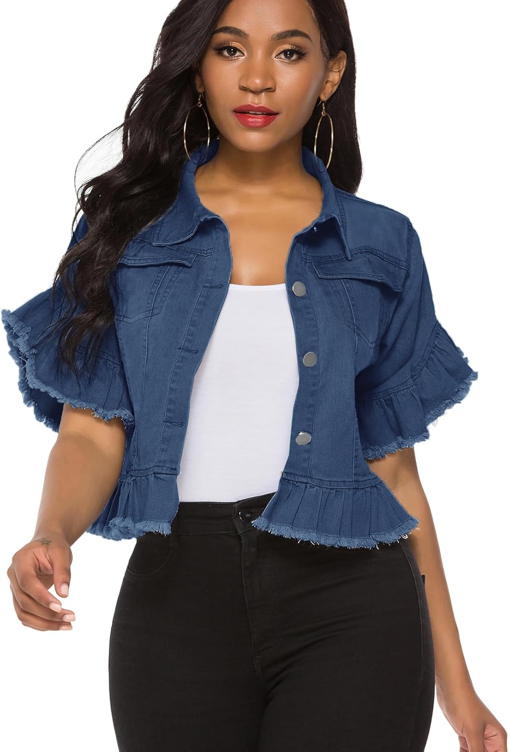 Suvimuga Women's Denim Jacket Button Down Distressed Ruffle Sleeve Crop Jean Jackets Coat - Image 11