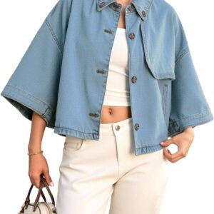 Tankaneo Womens Cropped Denim Jackets Casual Button Down Jean Shirt Shacket Loose 3\/4 Sleeve Coat with Pockets