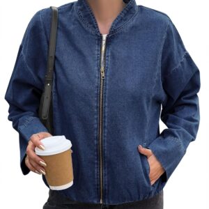 Tankaneo Womens Denim Bomber Jacket Zip Up Cropped Lightweight Jean Jacket Fall Casual Outerwear with Pockets