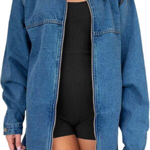 Tankaneo Womens Oversized Denim Jackets Casual Zip up Spring Long Sleeve Jean Jacket with Pocket