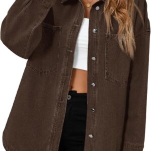 Tankaneo Womens Oversized Denim Shirt Jacket Button Down Long Sleeve Fall Casual Jean Shackets