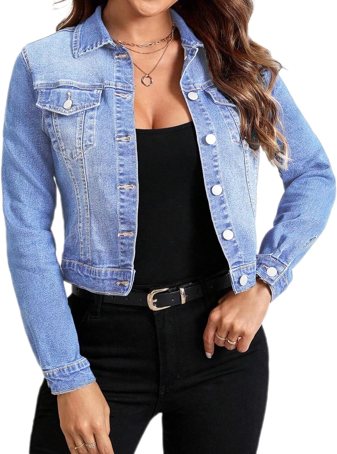 Tegmow Women Trendy Jean Jacket Stretchy Cropped Denim Jacket Long Sleeve Button Down Denim Coat - Image 5