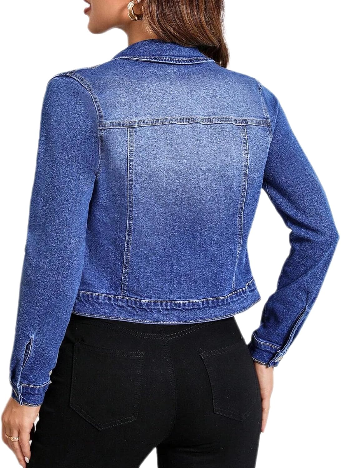 Tegmow Women Trendy Jean Jacket Stretchy Cropped Denim Jacket Long Sleeve Button Down Denim Coat - Image 3