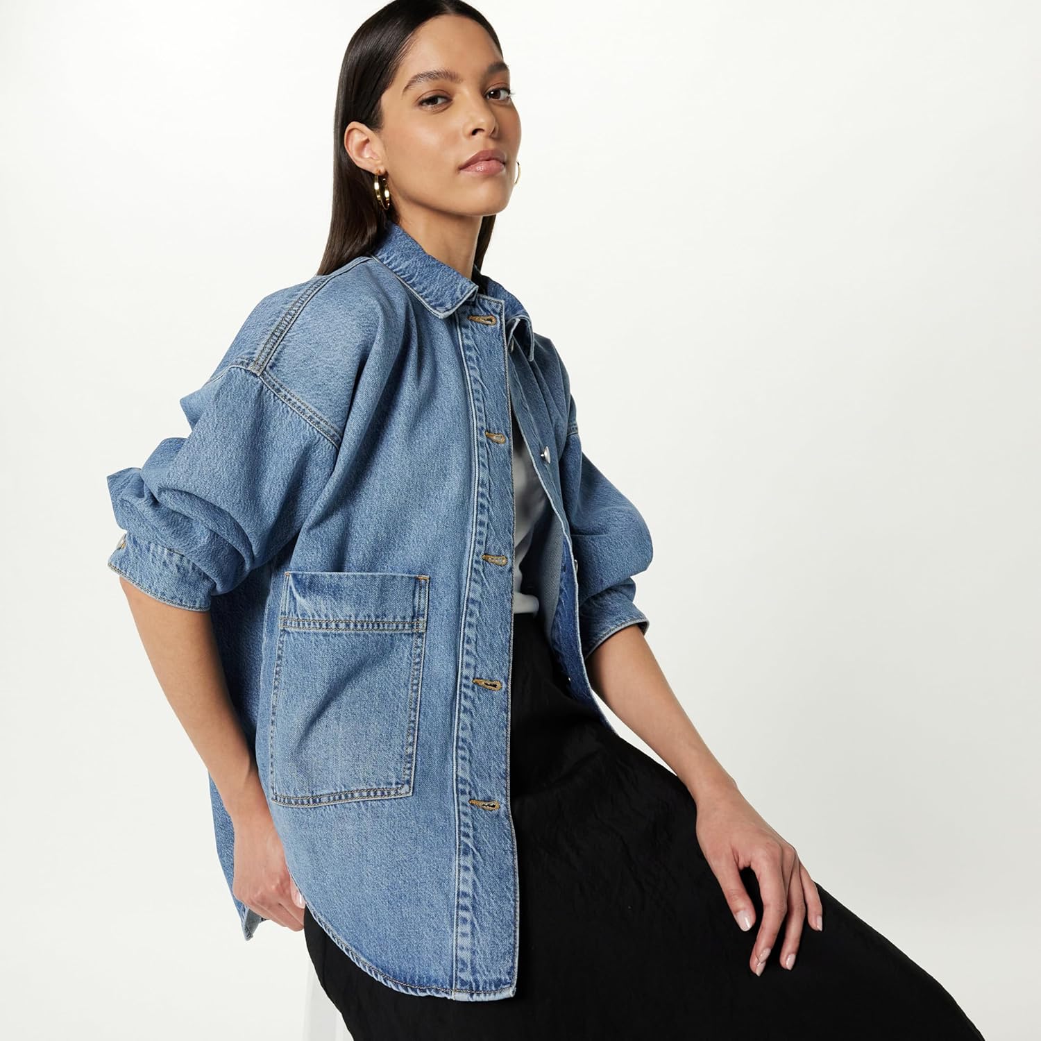 The Drop Women's Pilar Long Denim Shirt Jacket - Image 3
