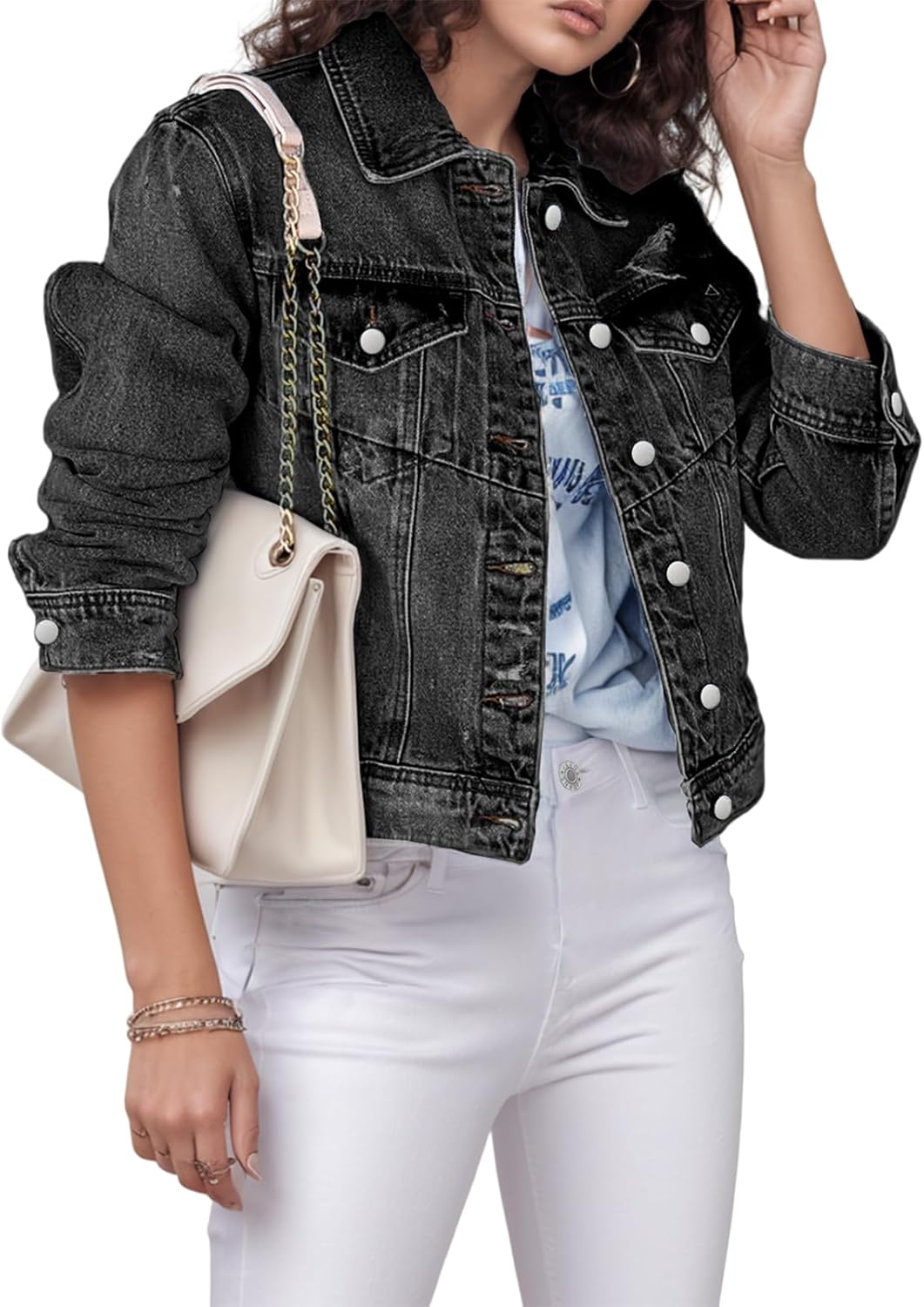 TodTan Jean Jacket Women Distressed Ripped - Casual Long Sleeve Fall Denim Jacket Coat - Image 2