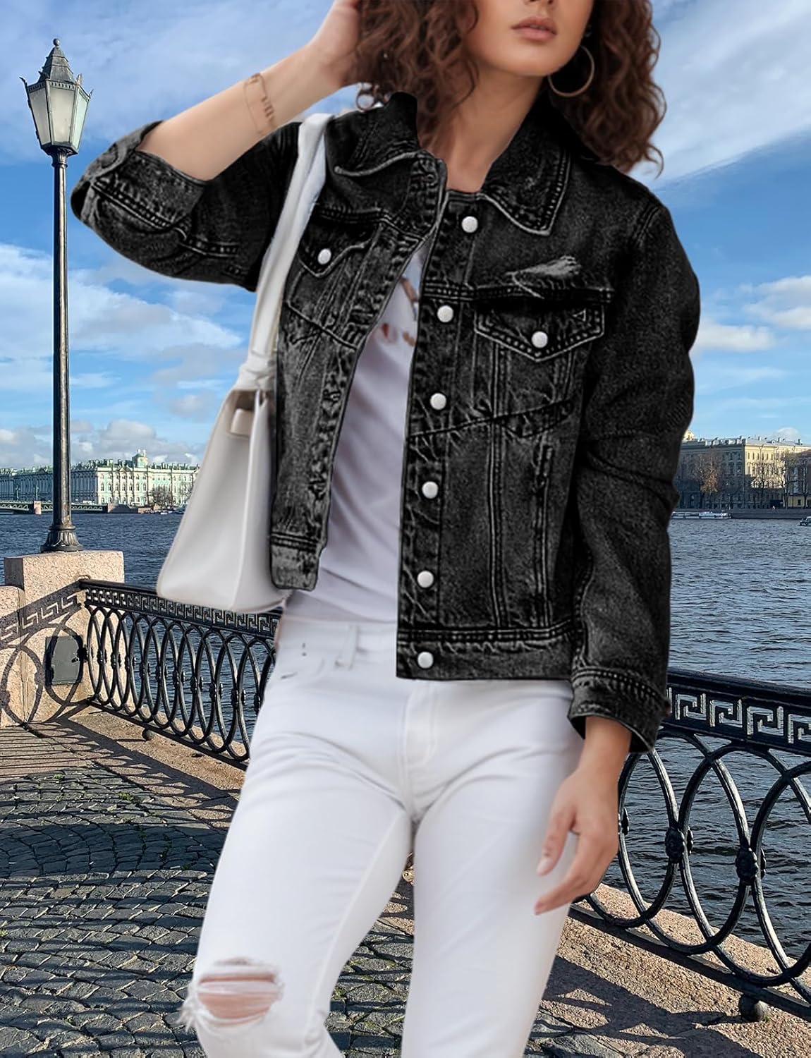 TodTan Jean Jacket Women Distressed Ripped - Casual Long Sleeve Fall Denim Jacket Coat - Image 4