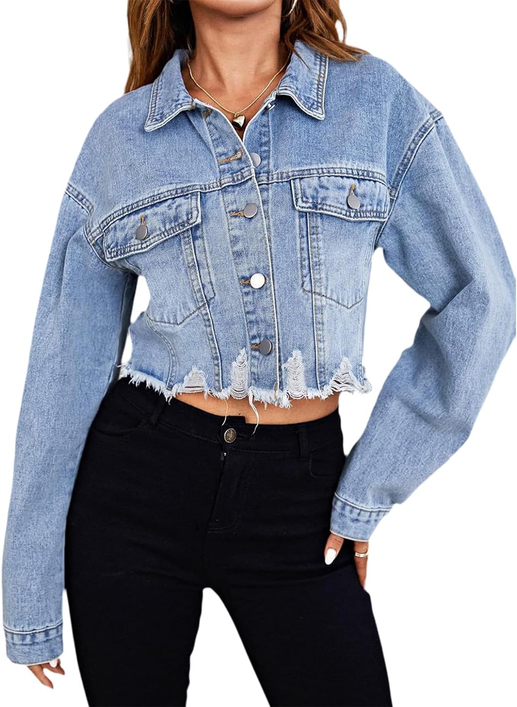 TodTan Women's Cropped Jean Denim Jackets - Distressed Frayed Hem Button Down Long Sleeve Casual Jacket Coat - Image 13