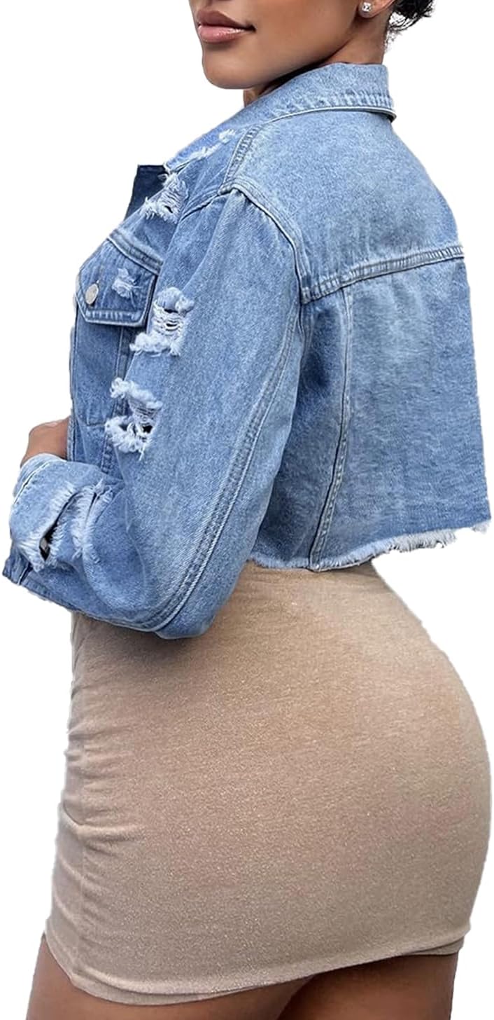 TodTan Women's Cropped Jean Denim Jackets - Distressed Frayed Hem Button Down Long Sleeve Casual Jacket Coat - Image 3