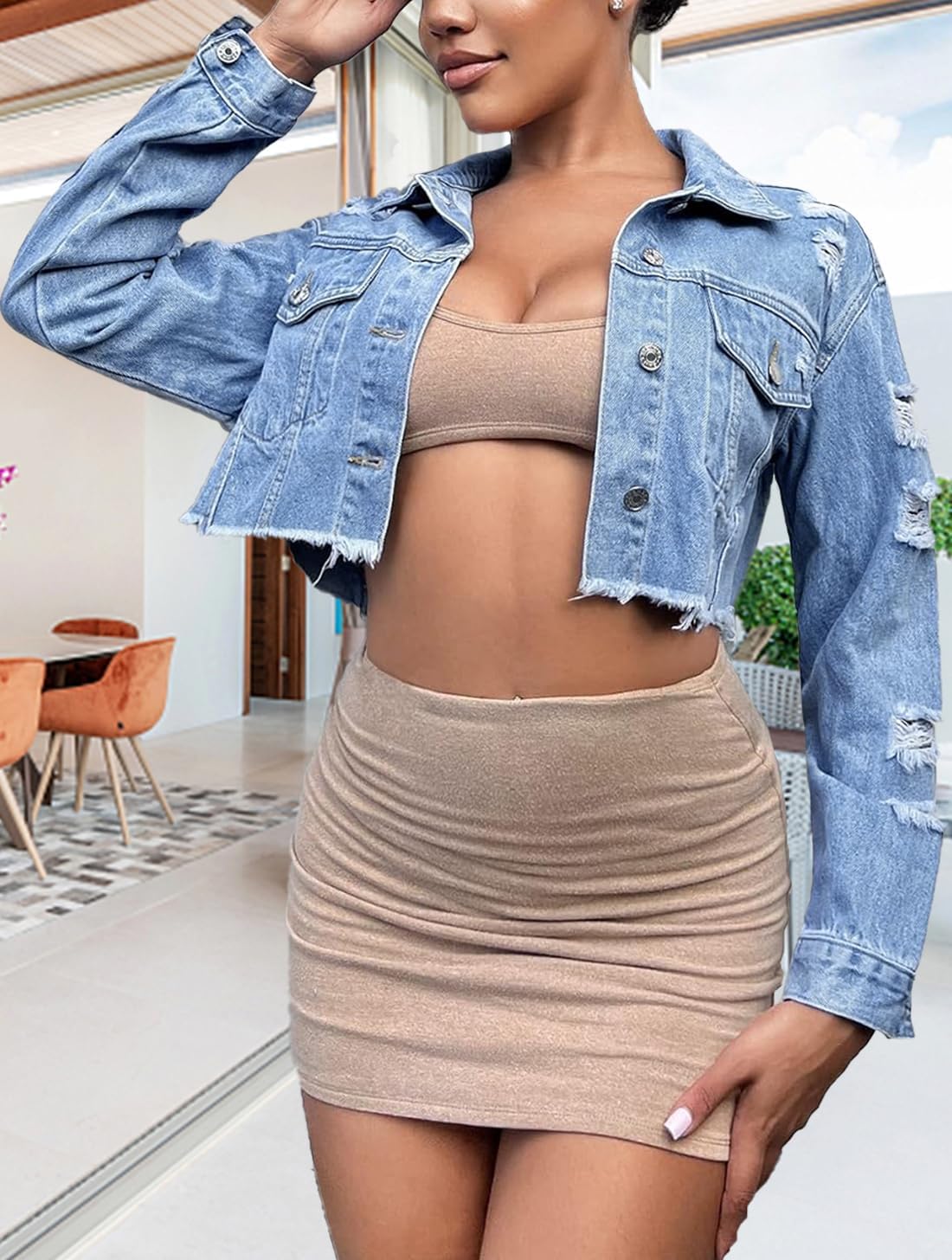 TodTan Women's Cropped Jean Denim Jackets - Distressed Frayed Hem Button Down Long Sleeve Casual Jacket Coat - Image 8