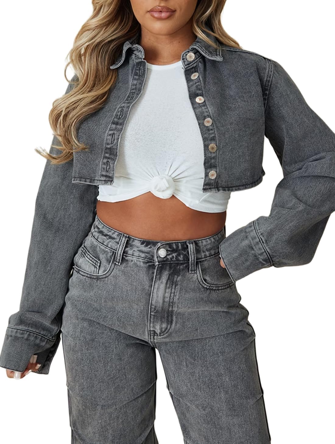 TodTan Women's Cropped Jean Denim Jackets - Distressed Frayed Hem Button Down Long Sleeve Casual Jacket Coat - Image 12