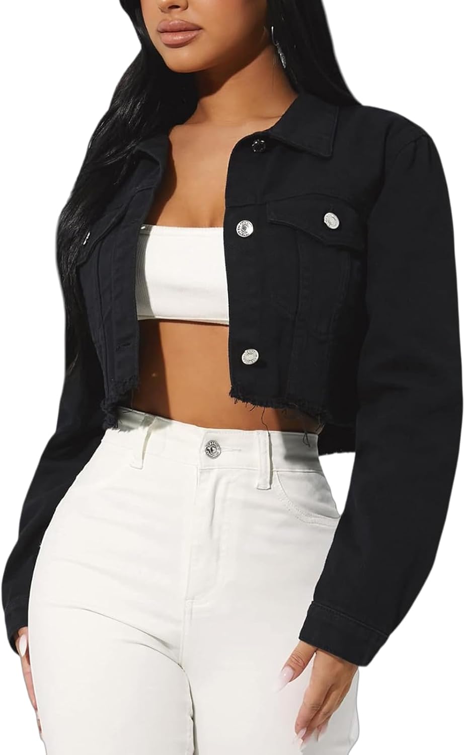 TodTan Women's Cropped Jean Denim Jackets - Distressed Frayed Hem Button Down Long Sleeve Casual Jacket Coat - Image 9