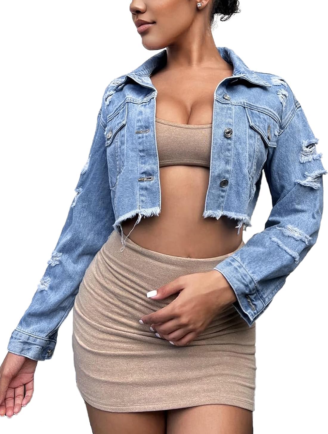 TodTan Women's Cropped Jean Denim Jackets - Distressed Frayed Hem Button Down Long Sleeve Casual Jacket Coat - Image 2